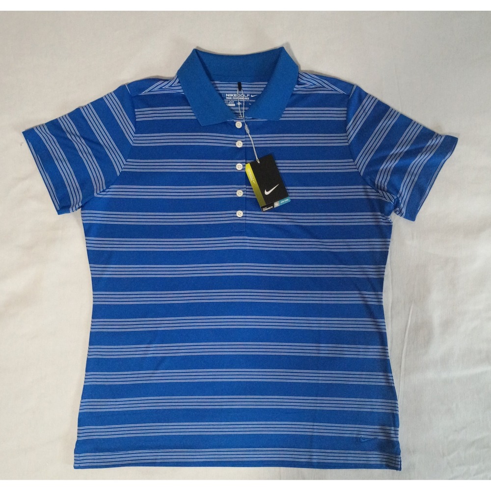 NWT Nike Golf Womens XL Polo Shirt Dri-Fit Tour Performance Striped Blue White